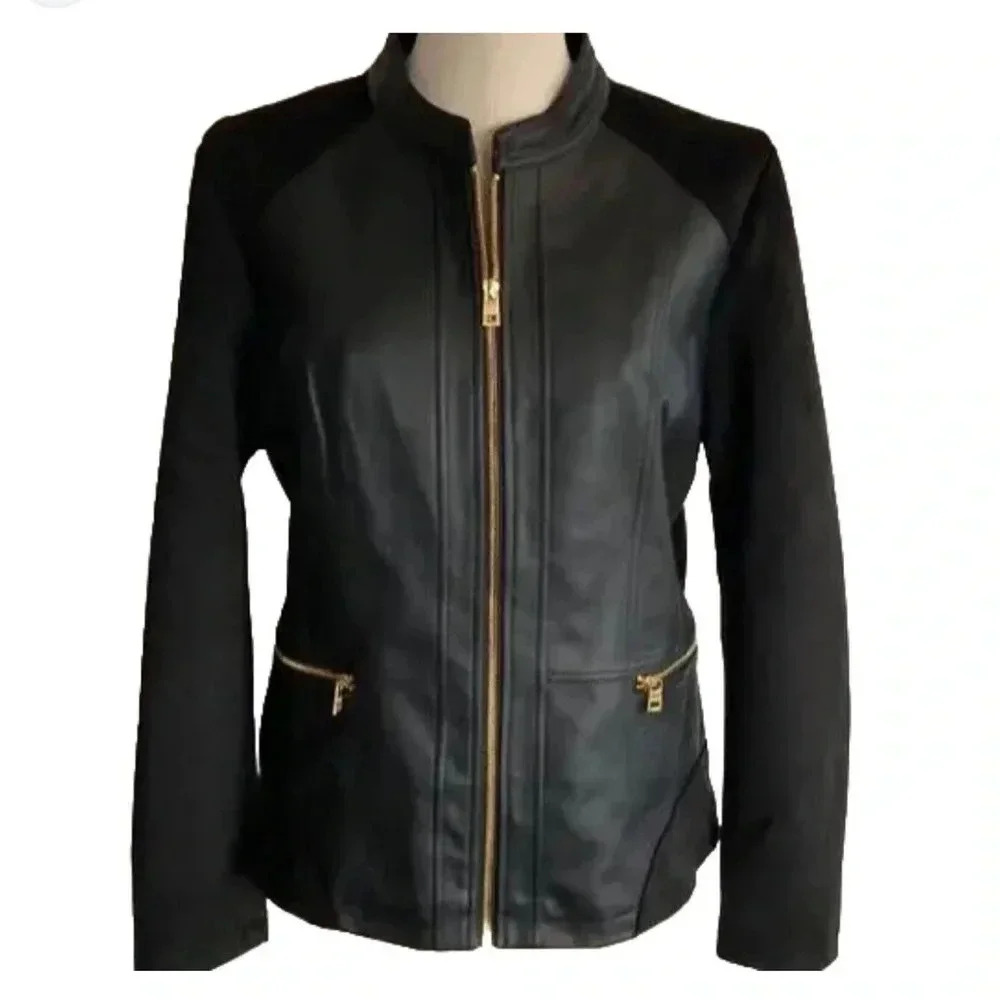 Women’s Black Lined Motorcycle Faux Leather Suede Jacket Pockets 2XL